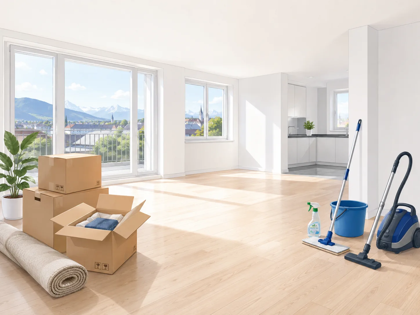 Helle, leere Wohnung mit Umzugskartons und Reinigungsausrüstung von CleanCare Bern, bereit für die Endreinigung vor der Wohnungsabgabe